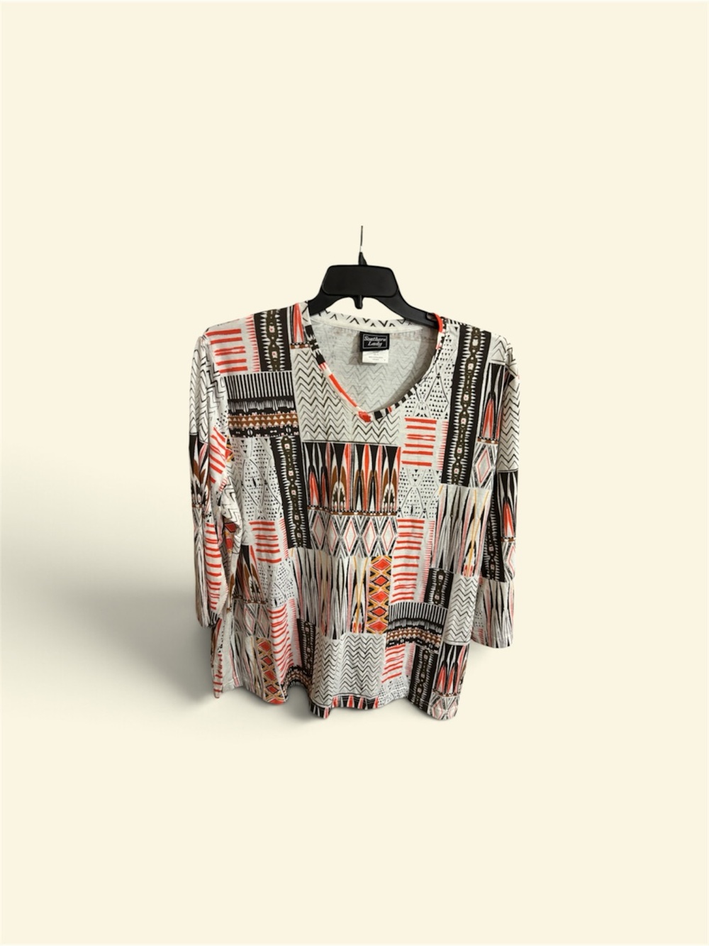 Southern Lady Long-Sleeve Geo Print Top in Cream, Orange, Black